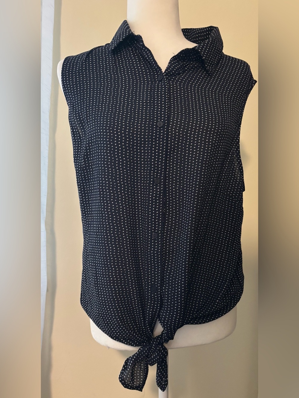 Adrianna Papell Sleeveless Navy Polka Dot Tie-Front Blouse